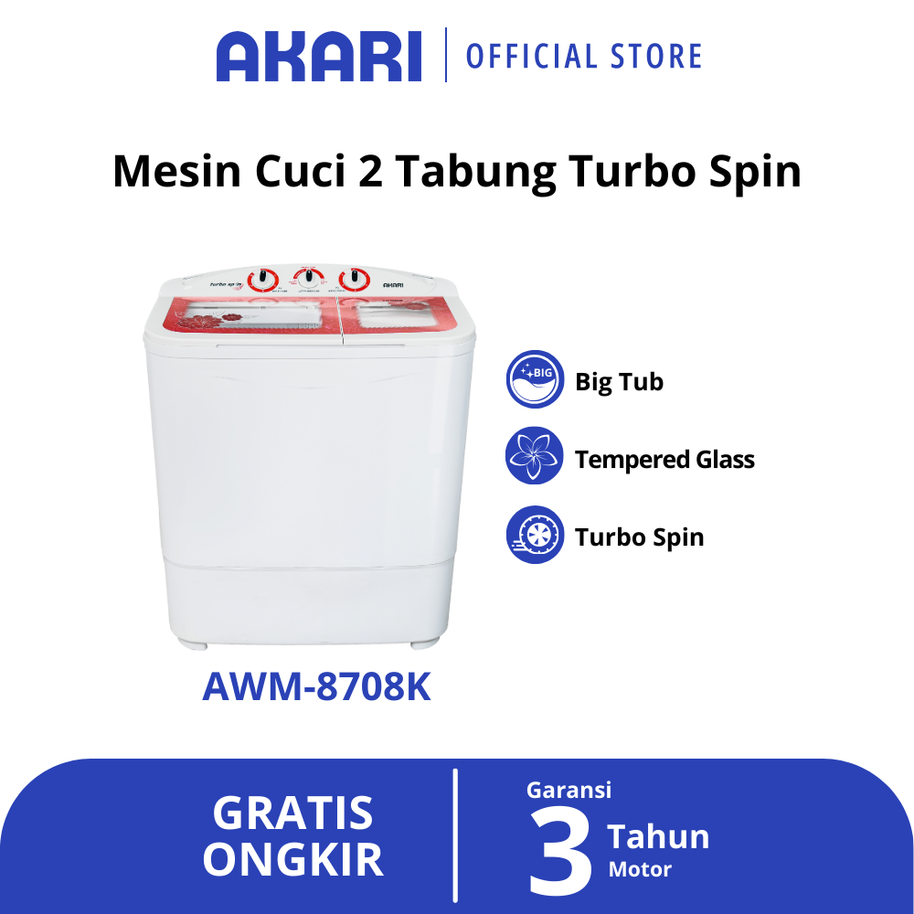 AKARI Mesin Cuci 2 Tabung Artistik Panel Kaca AWM-8708K TOSKA