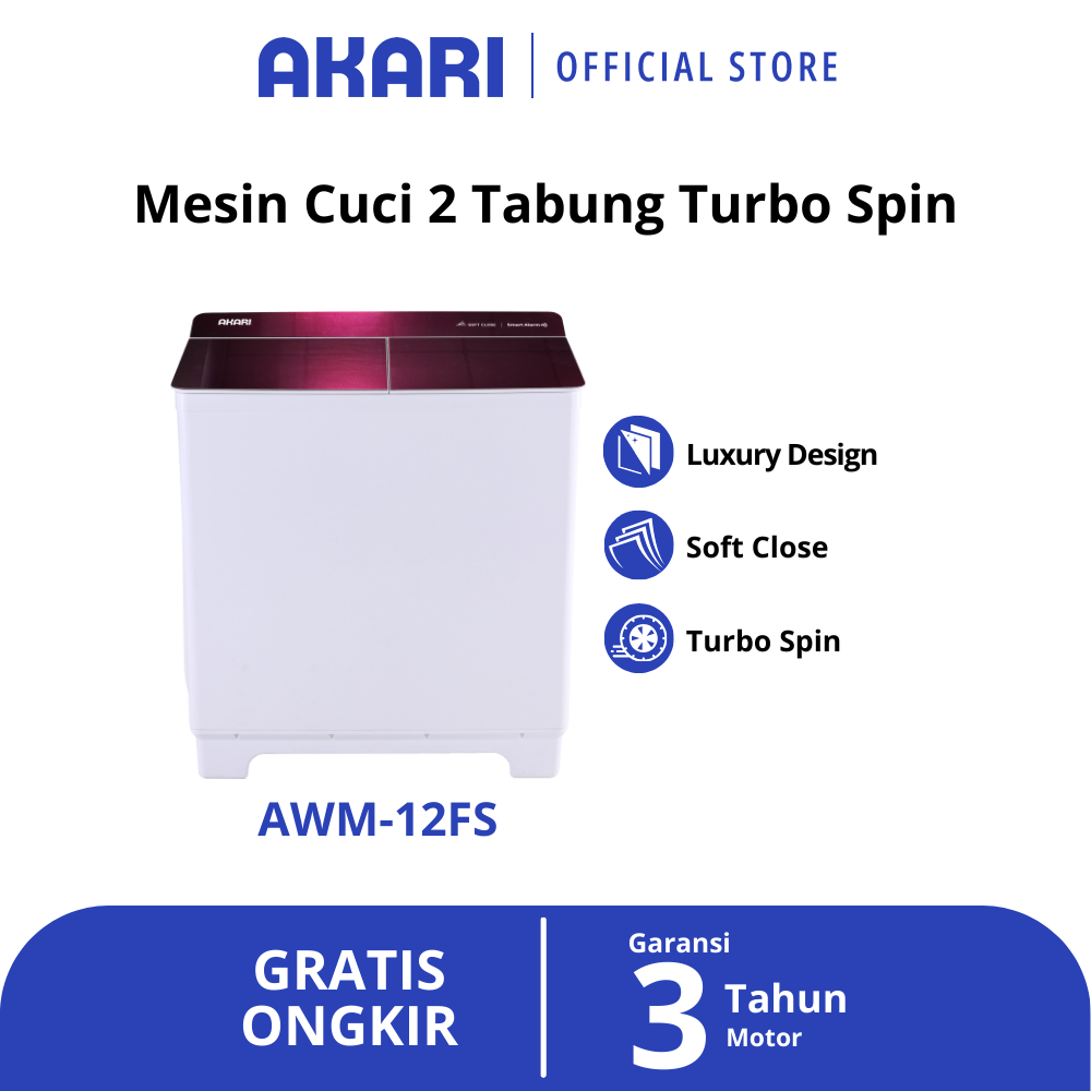 AKARI Mesin Cuci 2 Tabung Besar Kantong Cuci Hijab Turbo Spin AWM-12FS