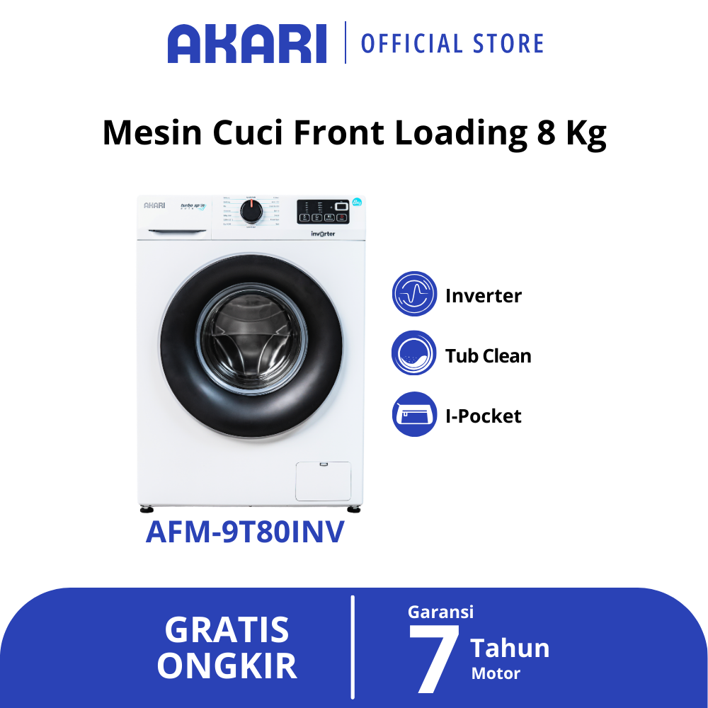 AKARI Mesin Cuci Front Loading Inverter Hemat AFM-9T80INV Putih