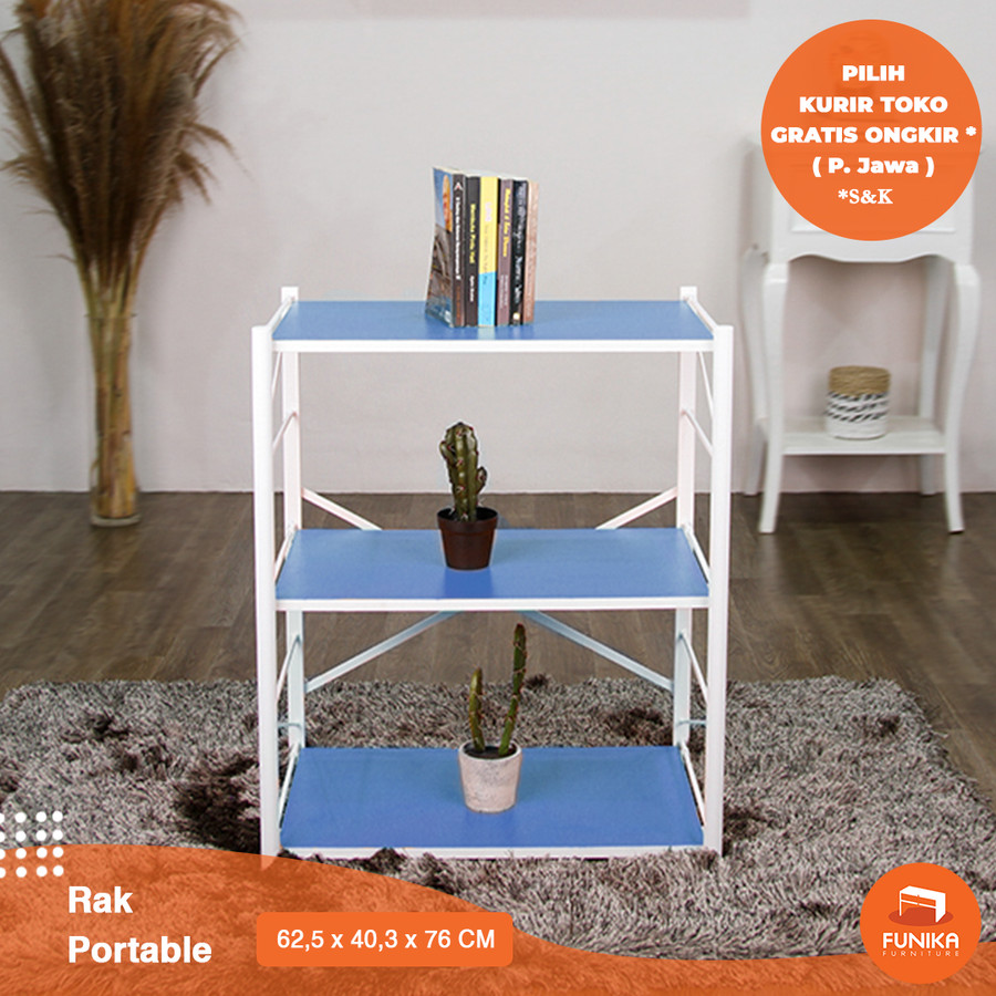 FUNIKA 88188 BL/WH - Rak Lipat Melamin 3 Tingkat Kaki Logam - Biru