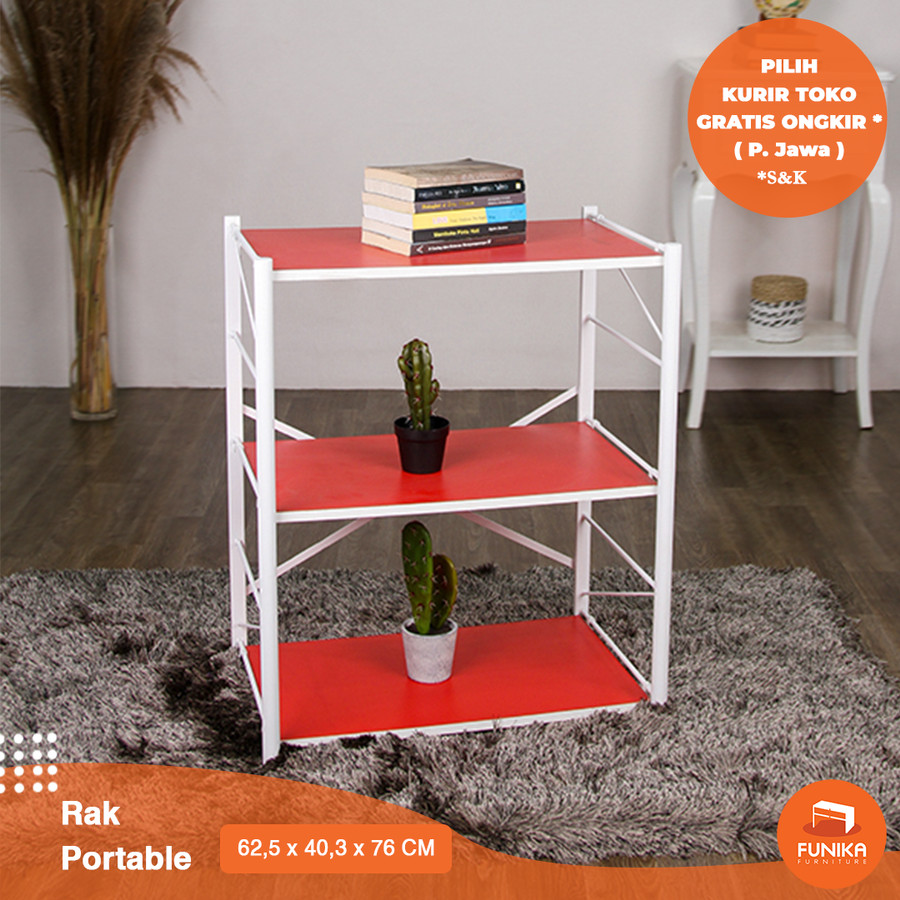 FUNIKA 88188 RD/WH - Rak Lipat Melamin Minimalis 3 Tingkat Kaki Logam - Merah
