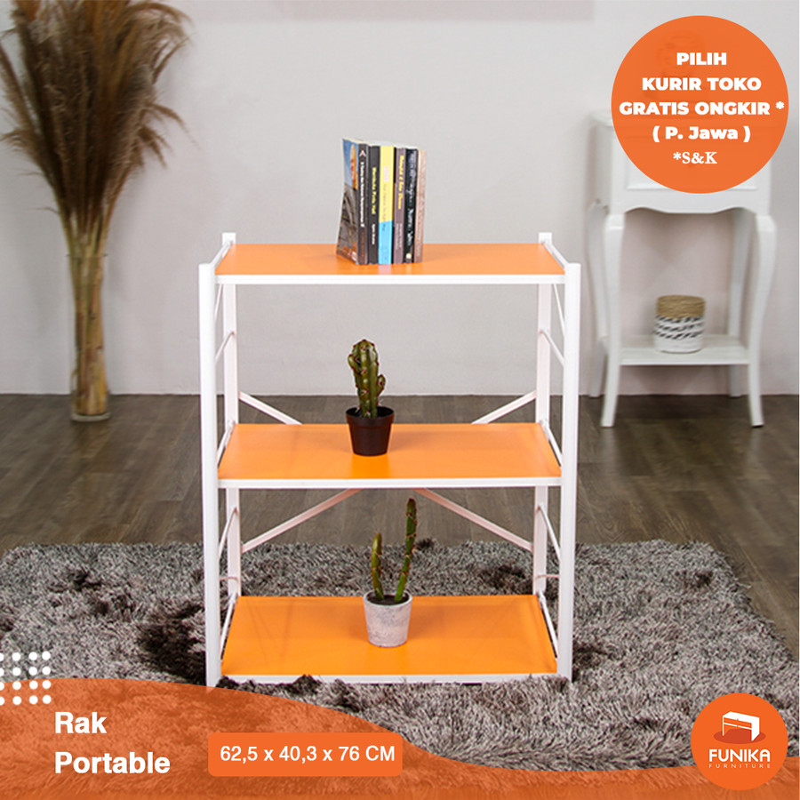 FUNIKA 88188 OR/WH - Rak Lipat Melamin 3 Tingkat Kaki Logam - Orange