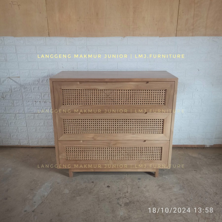 bufet drawers credenza sideboard lemari penyimpanan 100cm laci 3 rotan