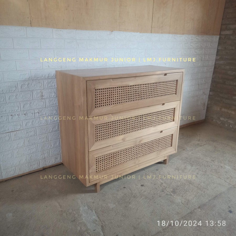 bufet drawers credenza sideboard lemari penyimpanan 100cm laci 3 rotan