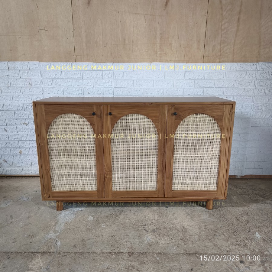 bufet credenza sideboard minimalis 150cm 3 pintu rotan jati jepara