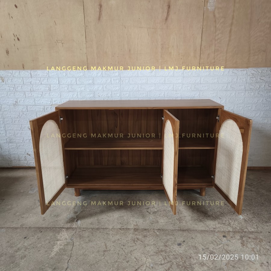 bufet credenza sideboard minimalis 150cm 3 pintu rotan jati jepara