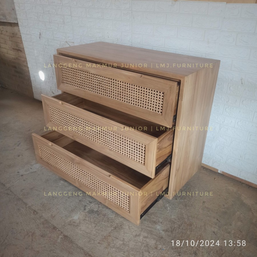 bufet drawers credenza sideboard lemari penyimpanan 100cm laci 3 rotan