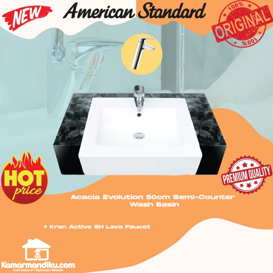 American Standard Wastafel Acacia semi counter 50cm + Keran hot&cold