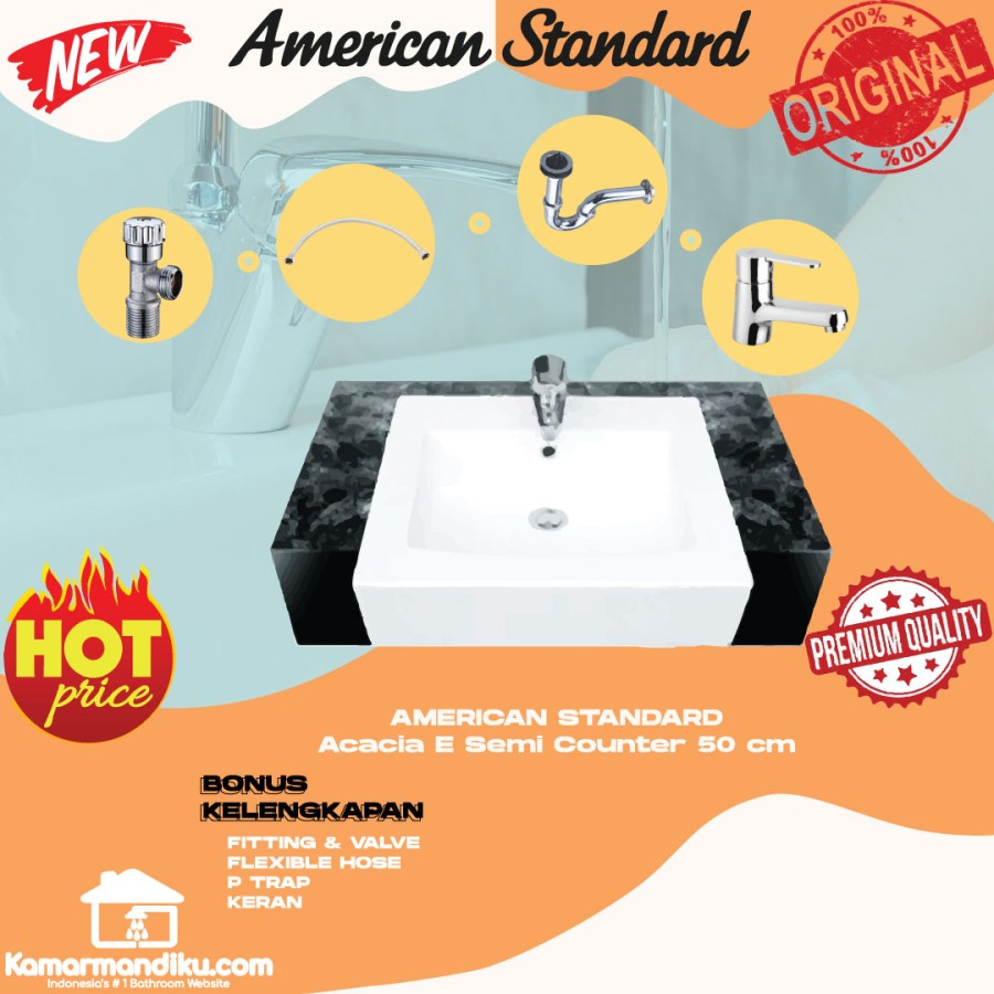 PROMO Wastafel Acacia semi counter 50cm complete set keran dingin