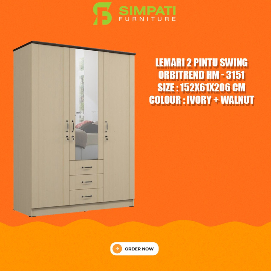 Lemari Pakaian 3 Pintu Swing Orbitrend HM 3151 Ivory - Walnut