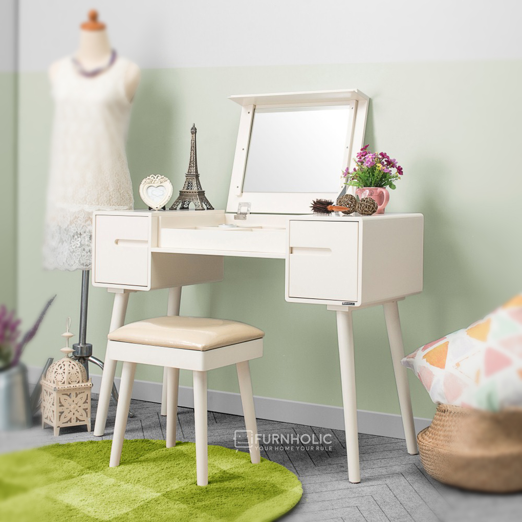 iFURNHOLIC Eurosian Vanity Sets I Meja Rias Scandinavian I Vanity Table Minimalis | Rak Make Up Kayu - Ivory