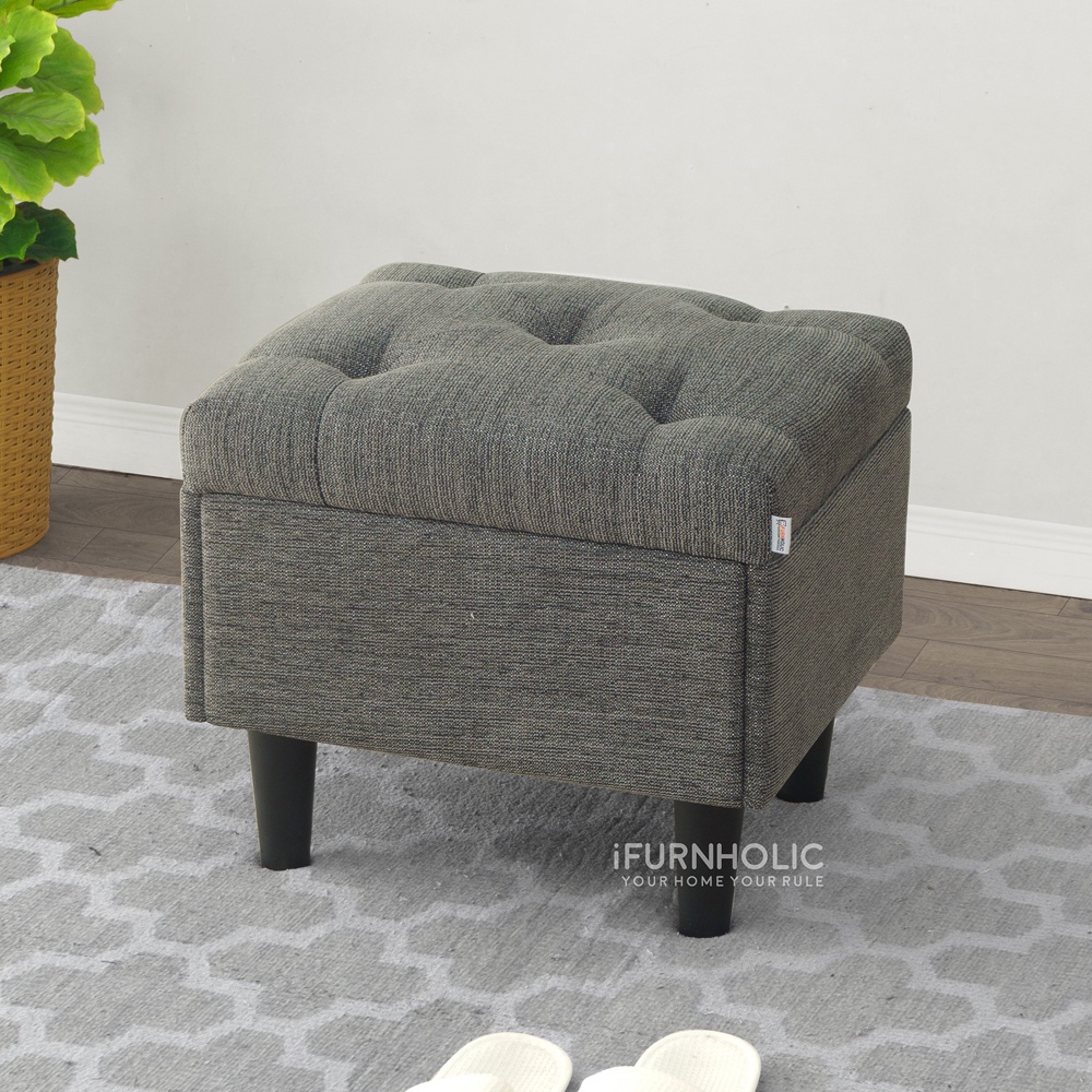 iFURNHOLIC Sabrina Storage Stool I Bangku dengan tempat simpan | Kursi Rias Minimalis | Ottoman Kotak | Footrest Minimalis - Abu Abu
