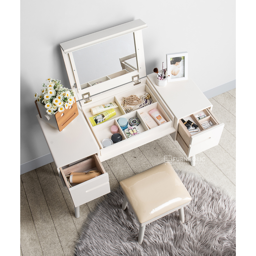 iFURNHOLIC Eurosian Vanity Sets I Meja Rias Scandinavian I Vanity Table Minimalis | Rak Make Up Kayu - Ivory Brown
