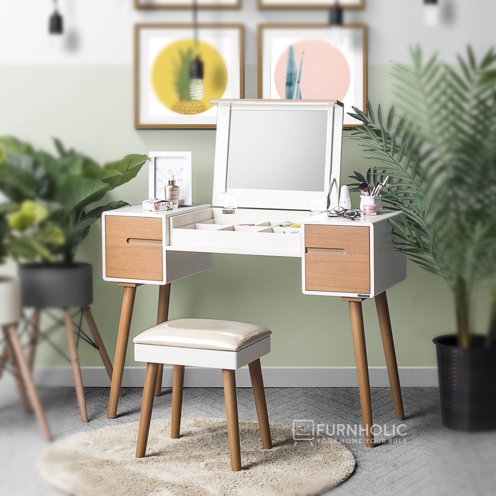 iFURNHOLIC Eurosian Vanity Sets I Meja Rias Scandinavian I Vanity Table Minimalis | Rak Make Up Kayu - Ivory Brown