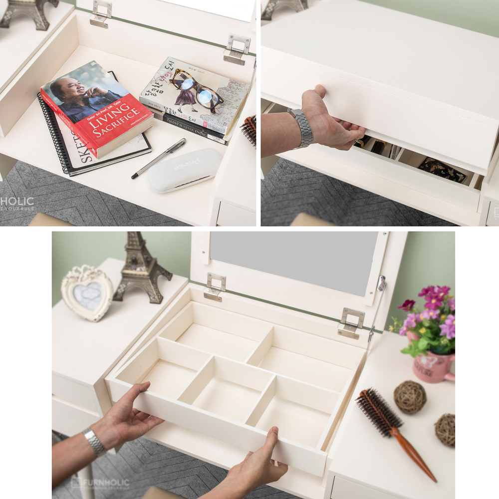 iFURNHOLIC Eurosian Vanity Sets I Meja Rias Scandinavian I Vanity Table Minimalis | Rak Make Up Kayu - Ivory Brown