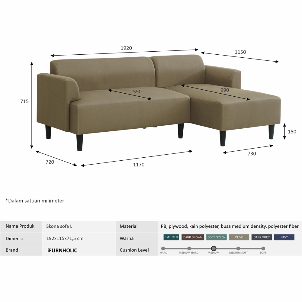 iFURNHOLIC Skona Sofa L I Sofa L Minimalis I Kursi Tamu L Sudut - Olive