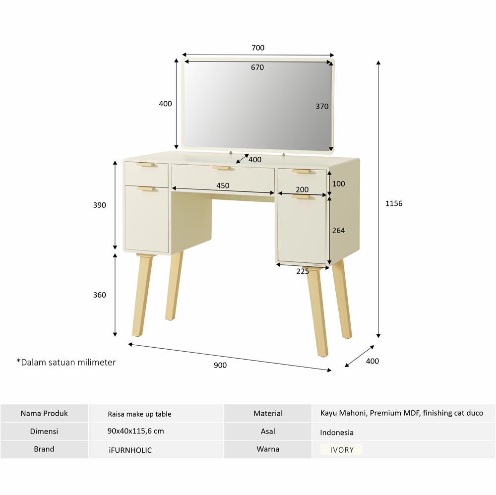 iFURNHOLIC Raisa Makeup Table I Meja Rias Minimalis - Ivory-Natural