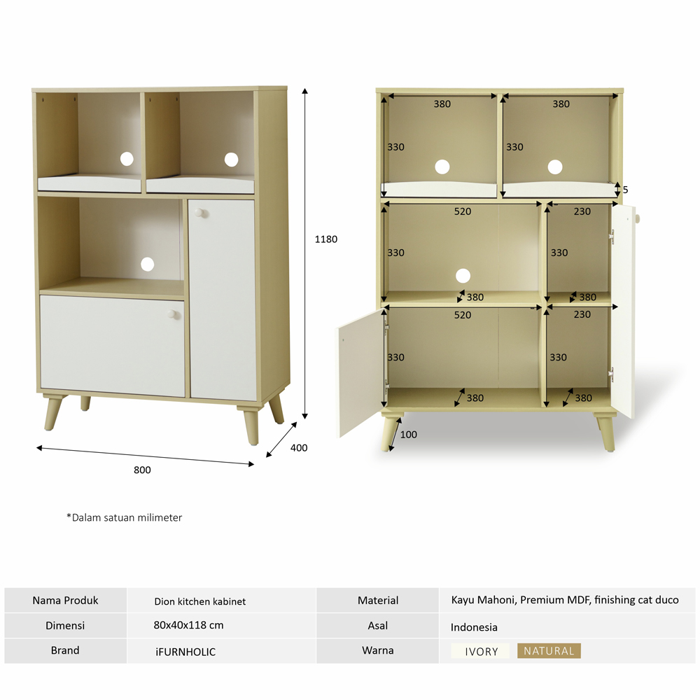 Ifurnholic Dion Kitchen Cabinet + Dion Dish Cabinet I Lemari Dapur Minimalis I Kabinet Serbaguna I Lemari Piring I Rak Dapur I Rak Microwave