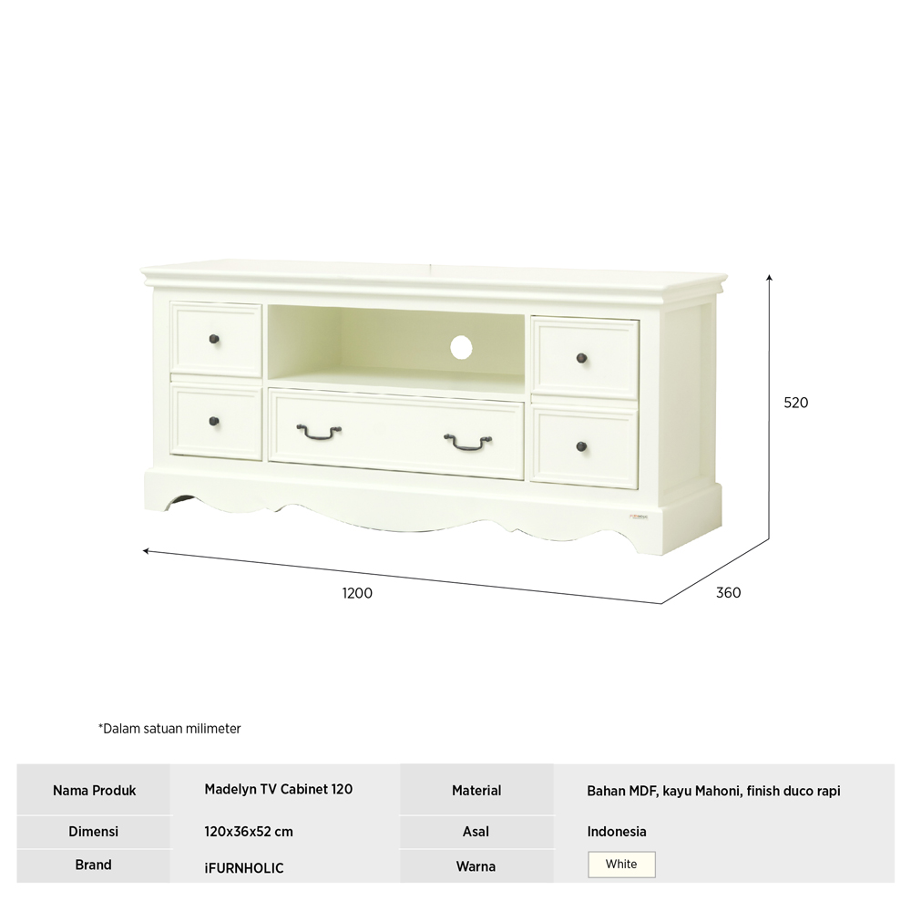 IFURNHOLIC Meja TV Klasik Madelyn TV Cabinet 120 | Rak TV Kayu Putih