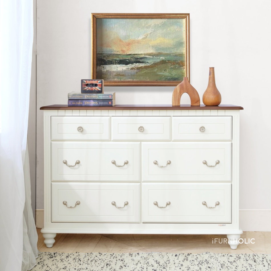 iFURNHOLIC Amandla Wide Chest / Lemari laci Klasik - Ivory Top Brown