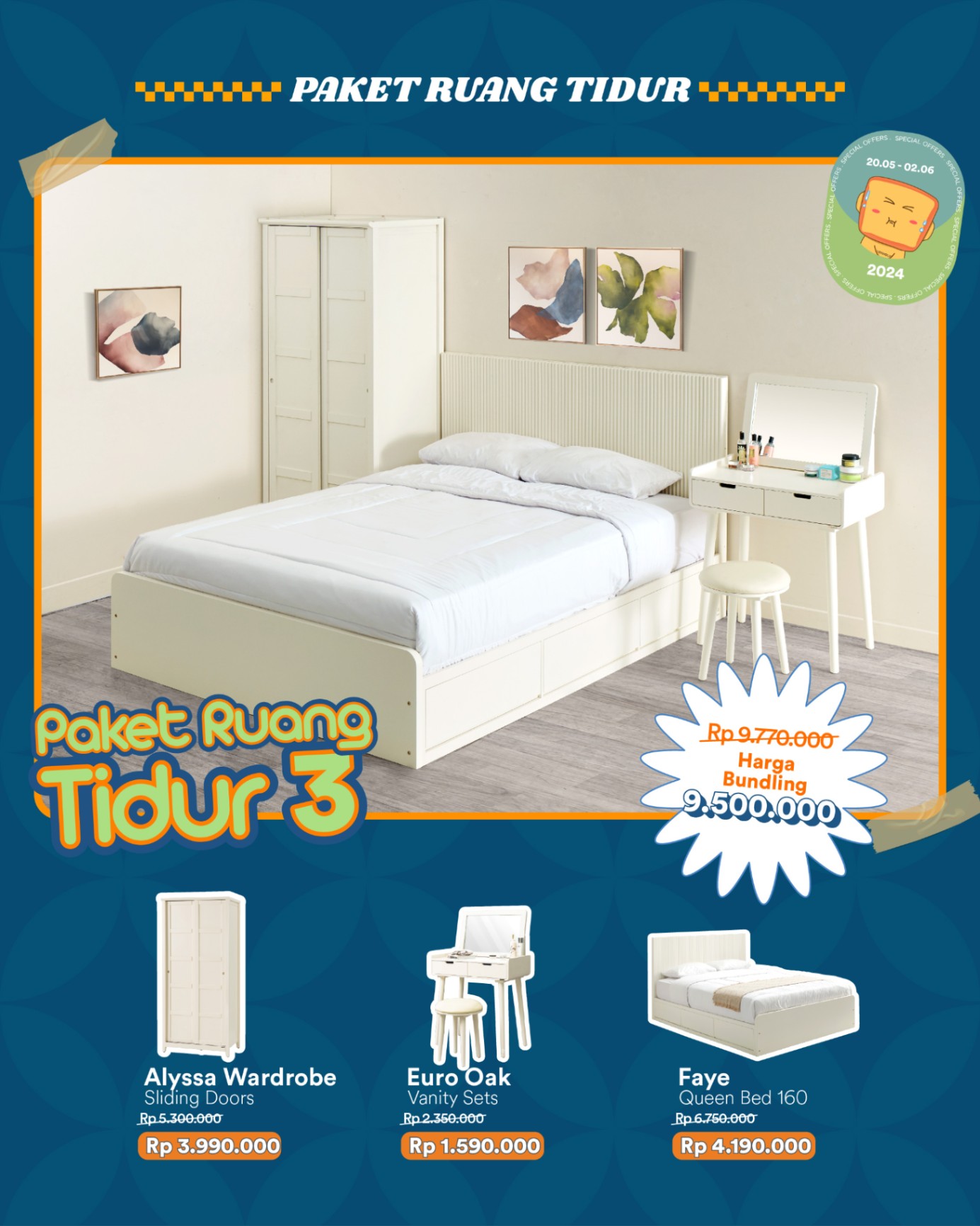 Paket Bundling Kamar Tidur 3 Dipan + Lemari Pakaian + Meja Rias