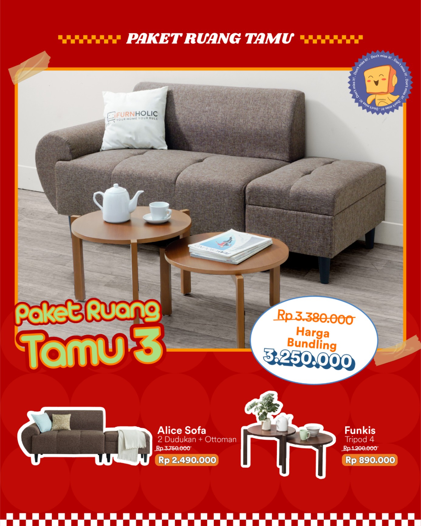 Paket Bundling Ruang Tamu 3 Sofa + meja tamu