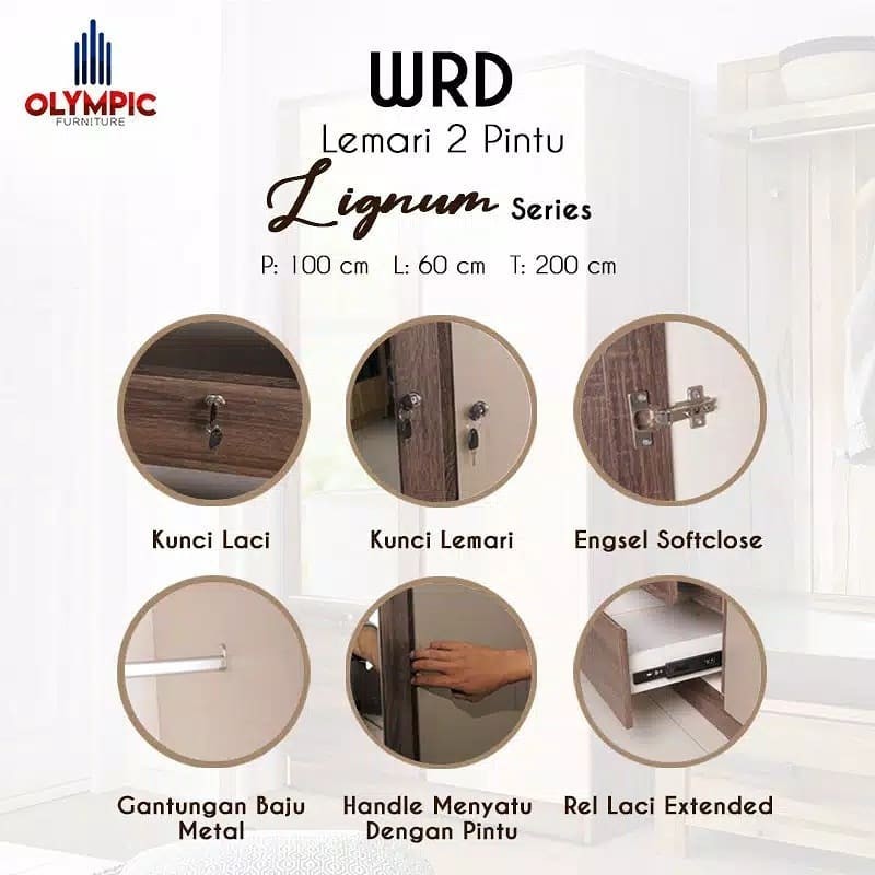 Lemari Pakaian 2 Pintu premium minimalis seri WRD LIGNUM Olympic
