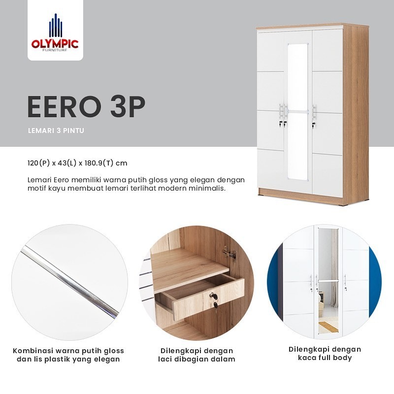 lemari pakaian 3 pintu murah cermin premium seri EERO merk OLYMPIC