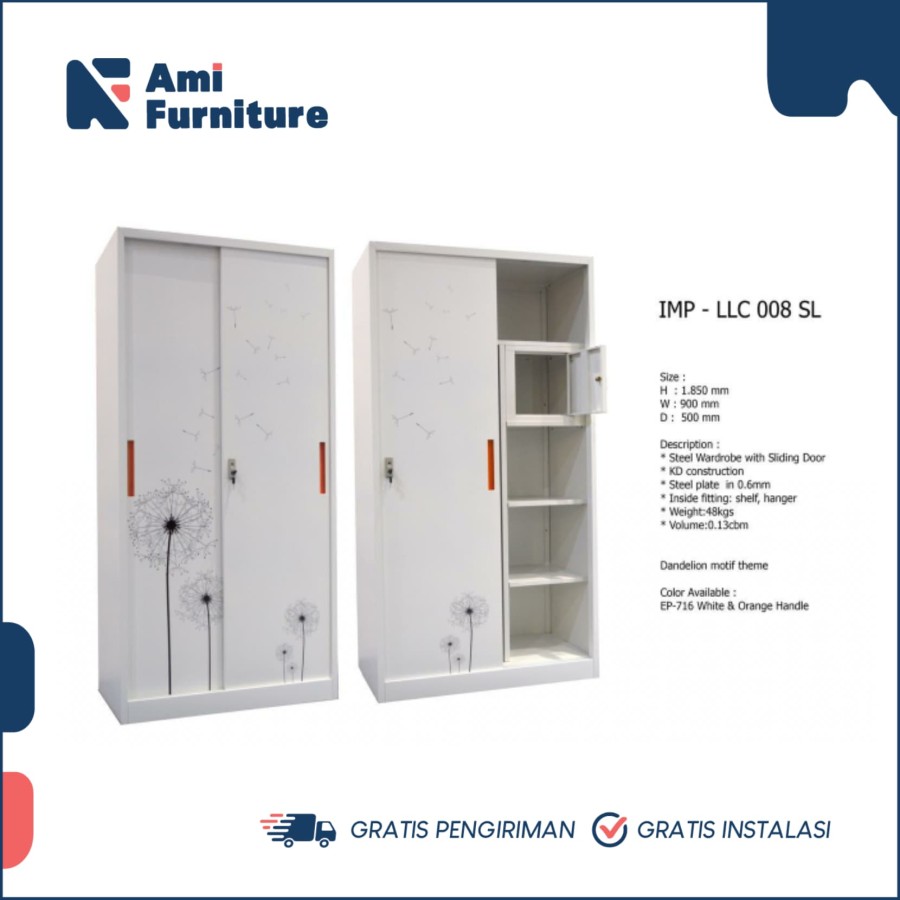 Lemari pakaian besi uk.185x90x50cm series LLC008 slide merk IMPORTA