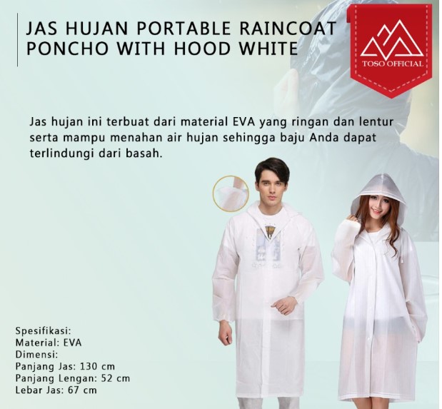 JAS HUJAN PORTABLE RAINCOAT PONCHO DENGAN HOOD WHITE UNISEX MANTEL