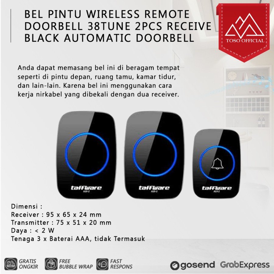 Bel Pintu Wireless Doorbell Waterproof 38 Nada 2pcs Receiver Doorbell