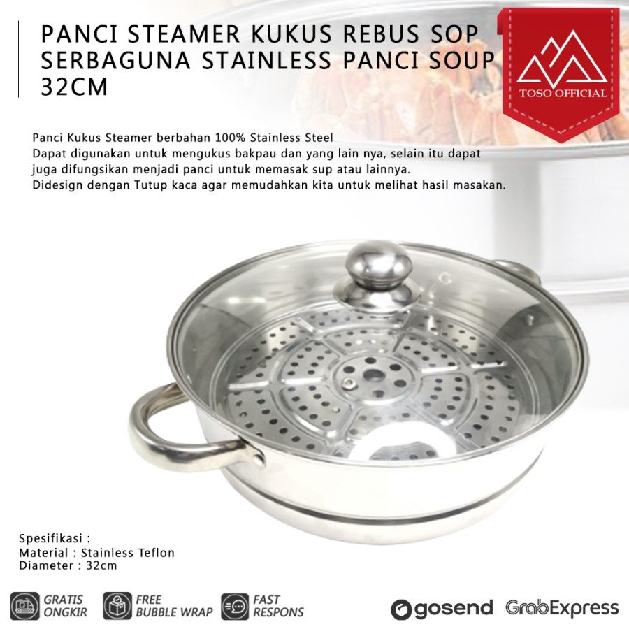 Panci Steamer Kukus Rebus Sop Serbaguna Stainless Panci Soup 32cm