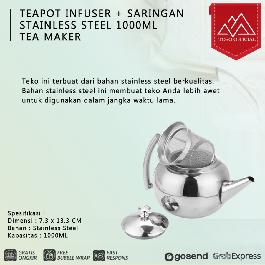TEKO TEH + SARINGAN STAINLESS 1L TEAPOT INFUSER 1000ML TEA MAKER