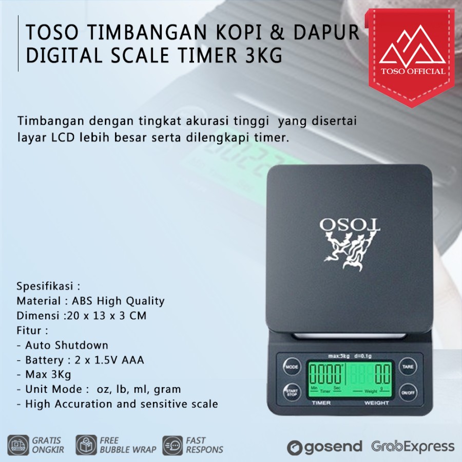 Toso V60 Digital Scale Coffee With Timer Timbangan Kopi Dapur 3kg 0.1g