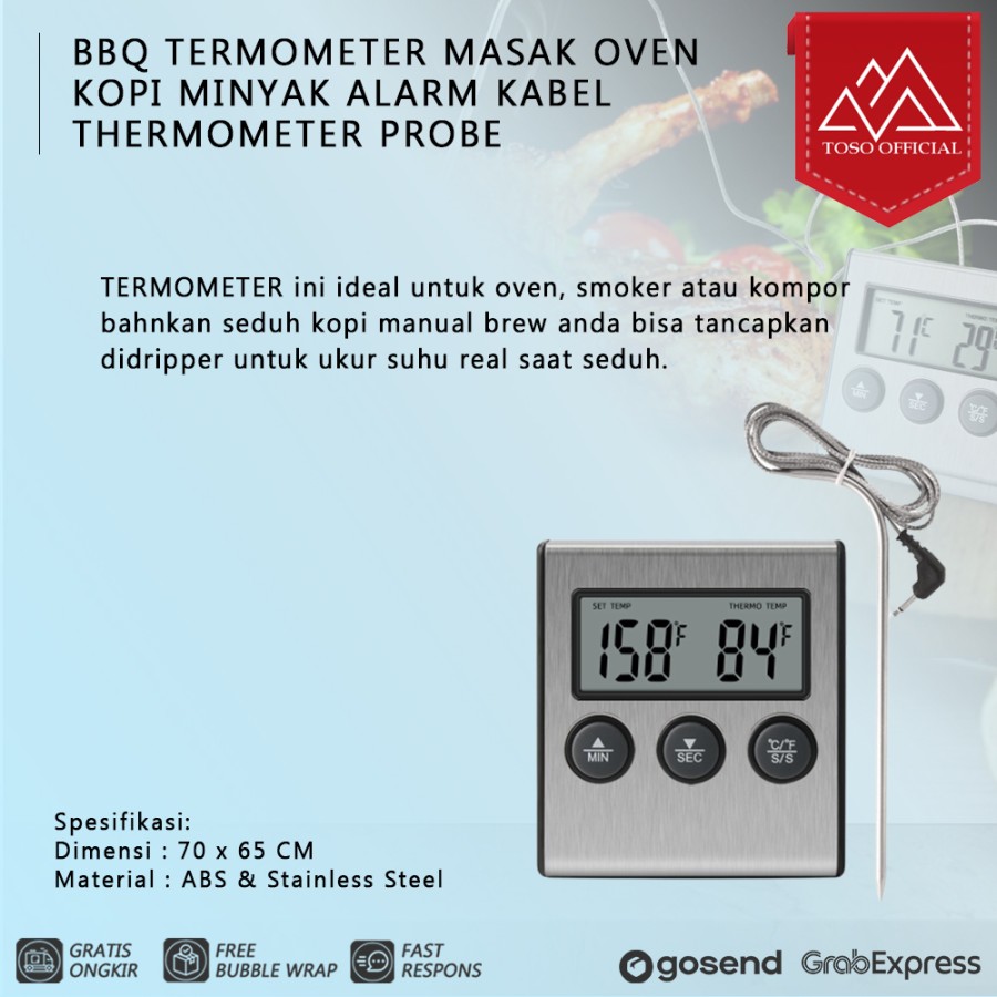 BBQ Termometer Masak Oven Kopi Minyak Alarm Kabel Thermometer Probe