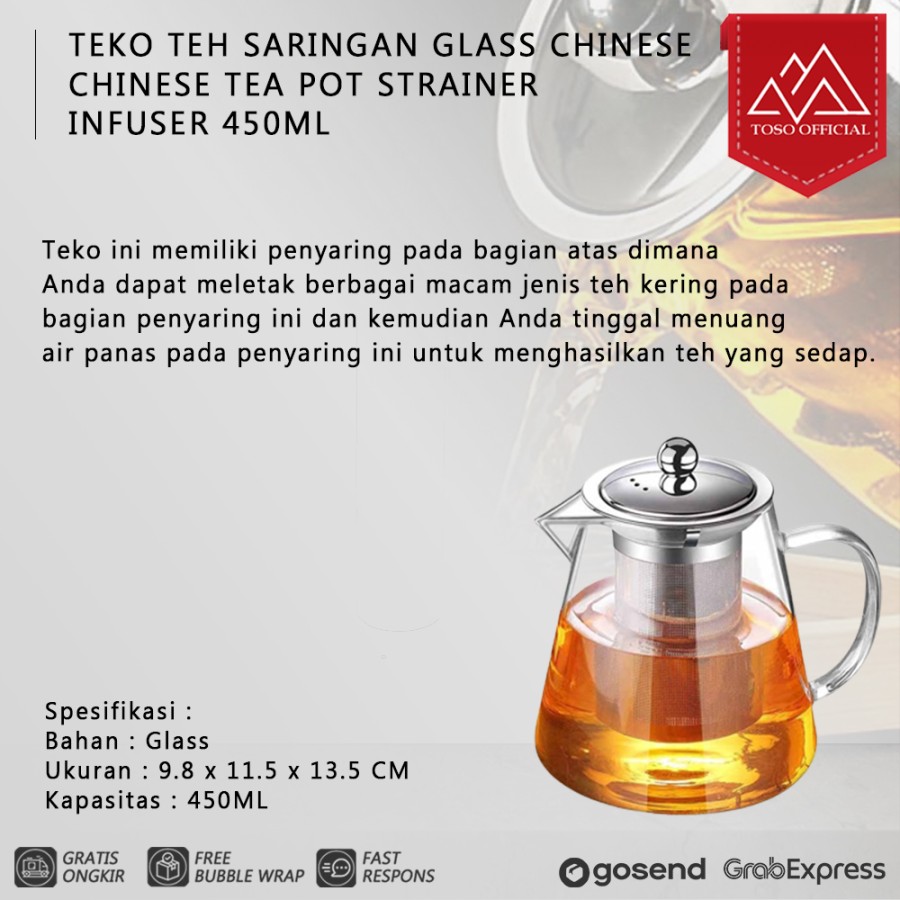 Teko Teh Saringan Glass Chinese Tea Pot Strainer Infuser 450ml TP450