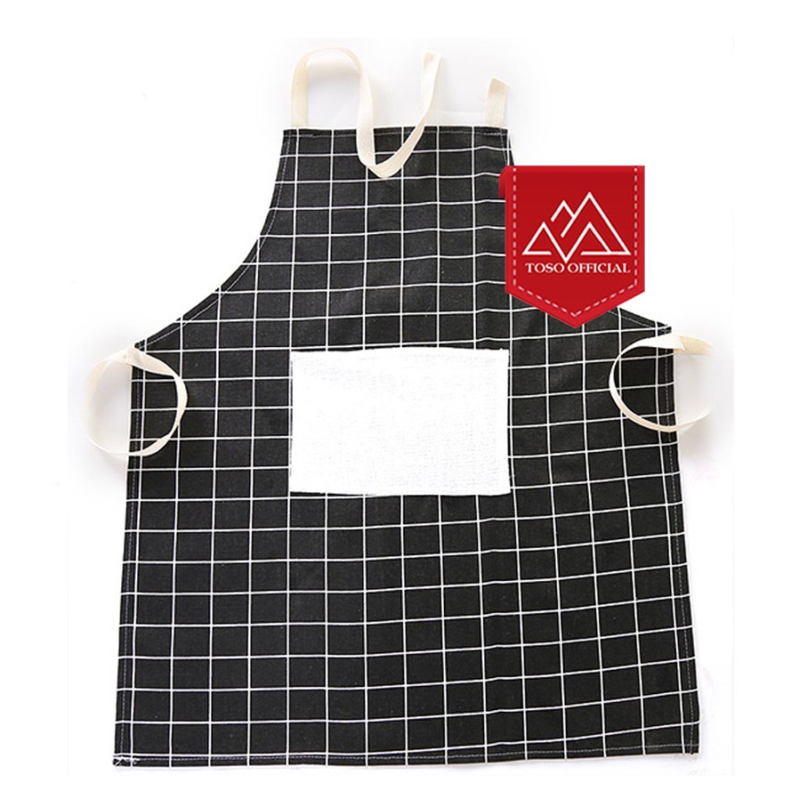Celemek Masak Kain Kantong Depan Motif Kotak Celemek Dapur Apron Masak