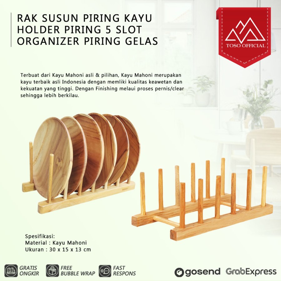 RAK PIRING KAYU TEMPAT GELAS MANGKUK HOLDER 5 SLOT ORGANIZER RAK BUKU