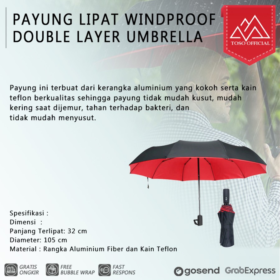 PAYUNG LIPAT OTOMATIS BUKA TUTUP WINDPROOF DOUBLE LAYER CLOTH UMBRELLA