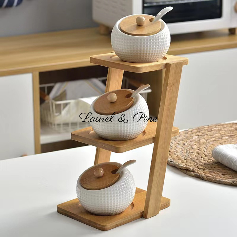3 in 1 Set Tempat Bumbu Dapur Keramik Alas Bambu Cantik Premium Stack