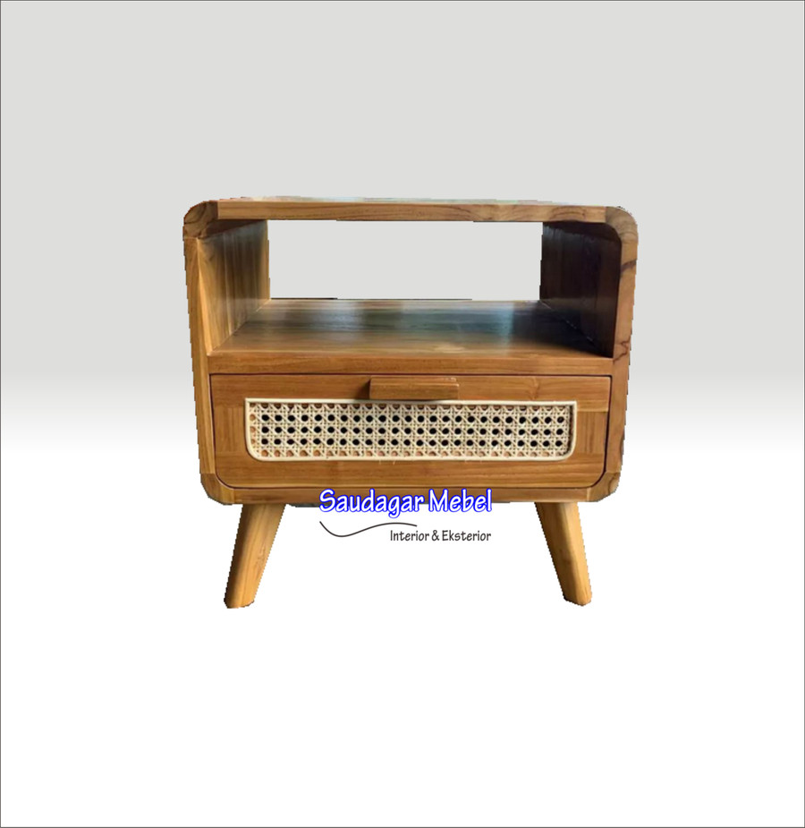 Nakas Minimalis Model Retro Kayu Jati Kombinasi Rottan Bedside Table