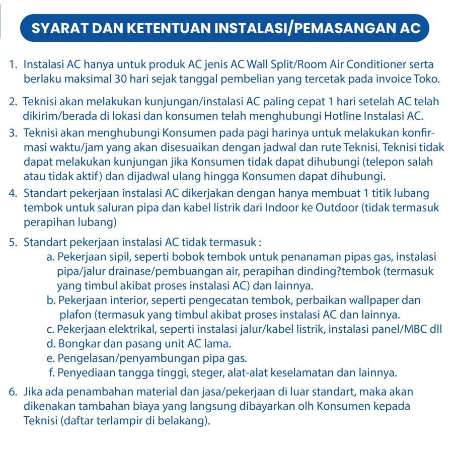 Instalasi AC only 1.5 - 2 Pk