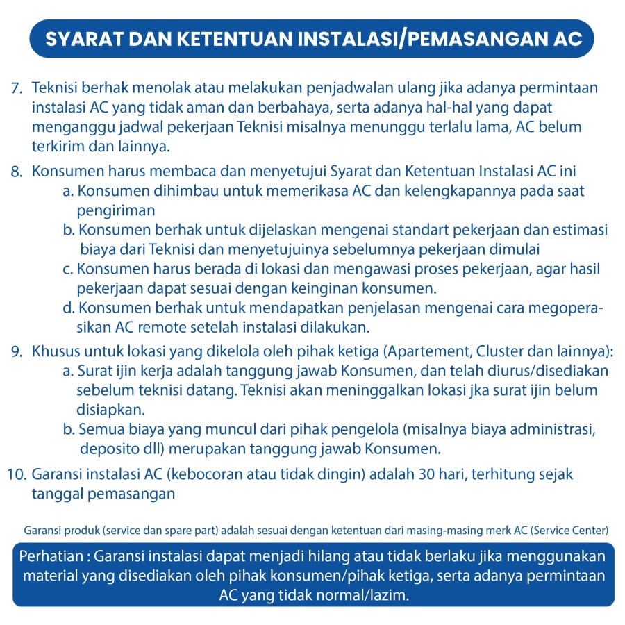 Instalasi AC only 1.5 - 2 Pk