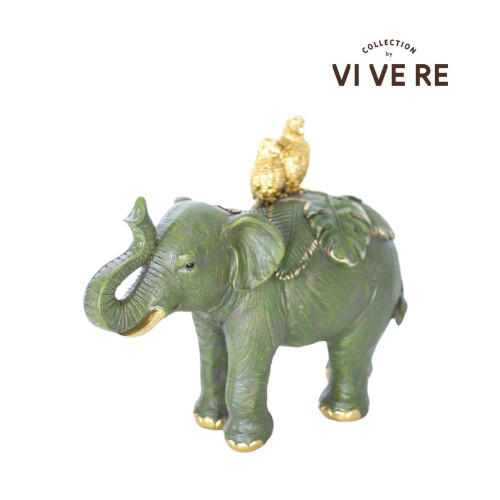 VIVERE Object Deco Elephant Two Bird Green 31X24CM - Pajangan Meja