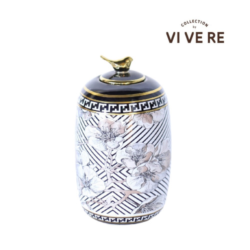 VIVERE Jar Flower Bird White Black D14.5X24.5CM - Pajangan Meja