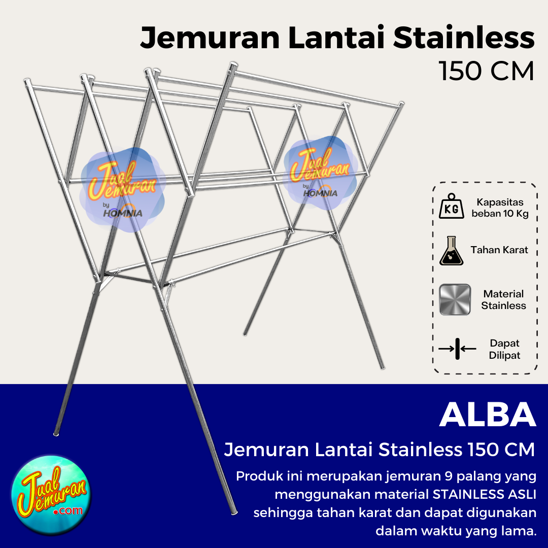 Jemuran Baju Stainless Steel 9 Palang Ekonomis Lipat 150 cm Anti Karat