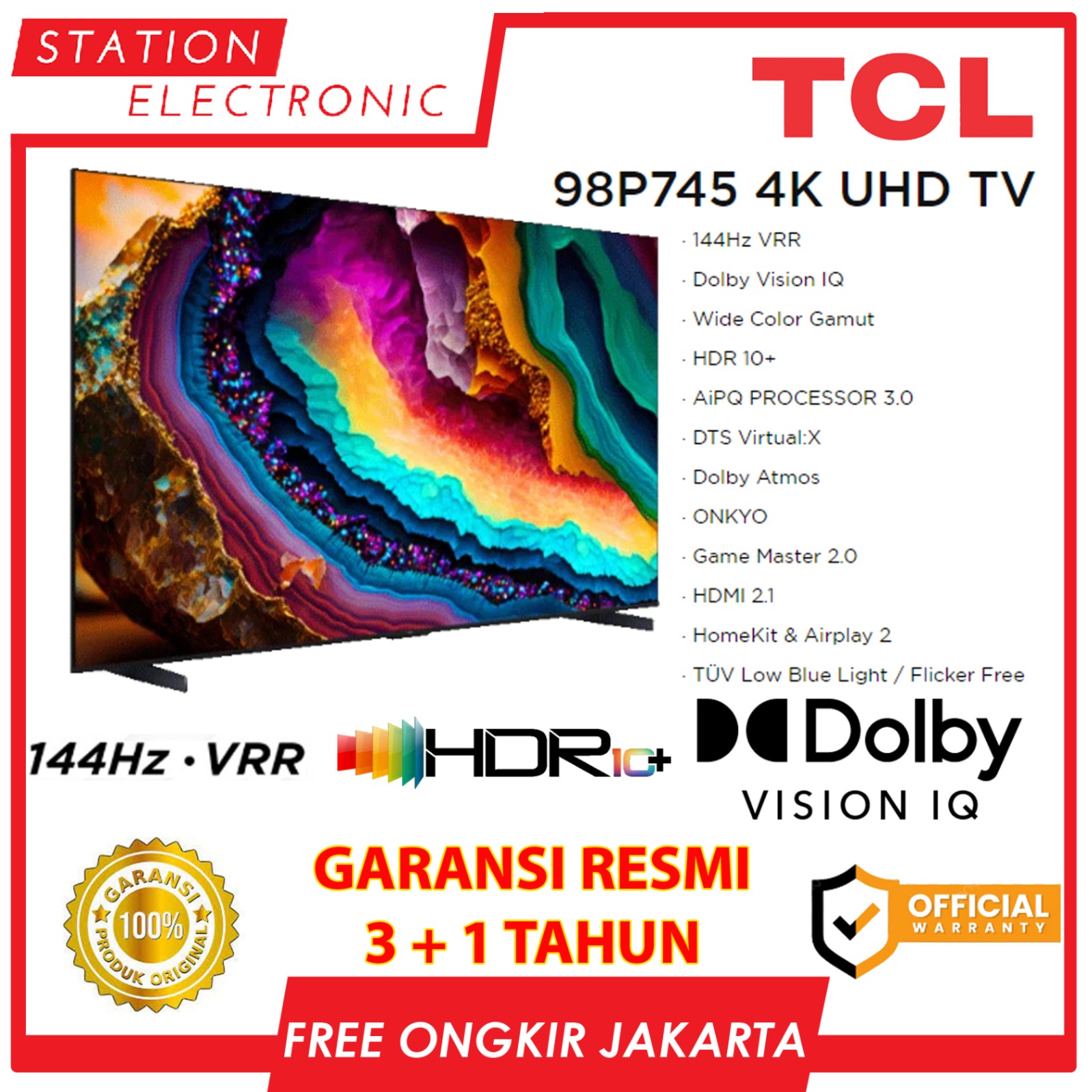 TCL 98P745 4K UHD Smart P745 98 Inch Google Tv Vrr 144Hz Dolby Atmos