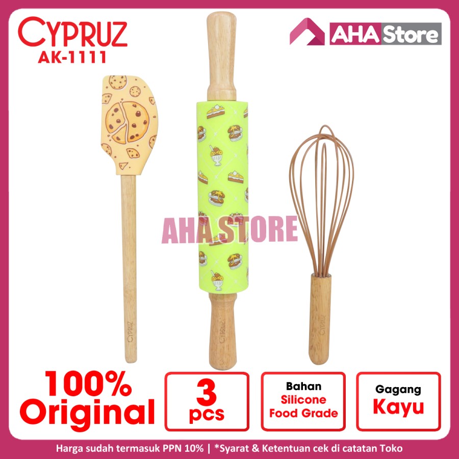 Cypruz Rolling Pin Whisk Spatula Set Baking 3 Pcs AK-1111 AK1111