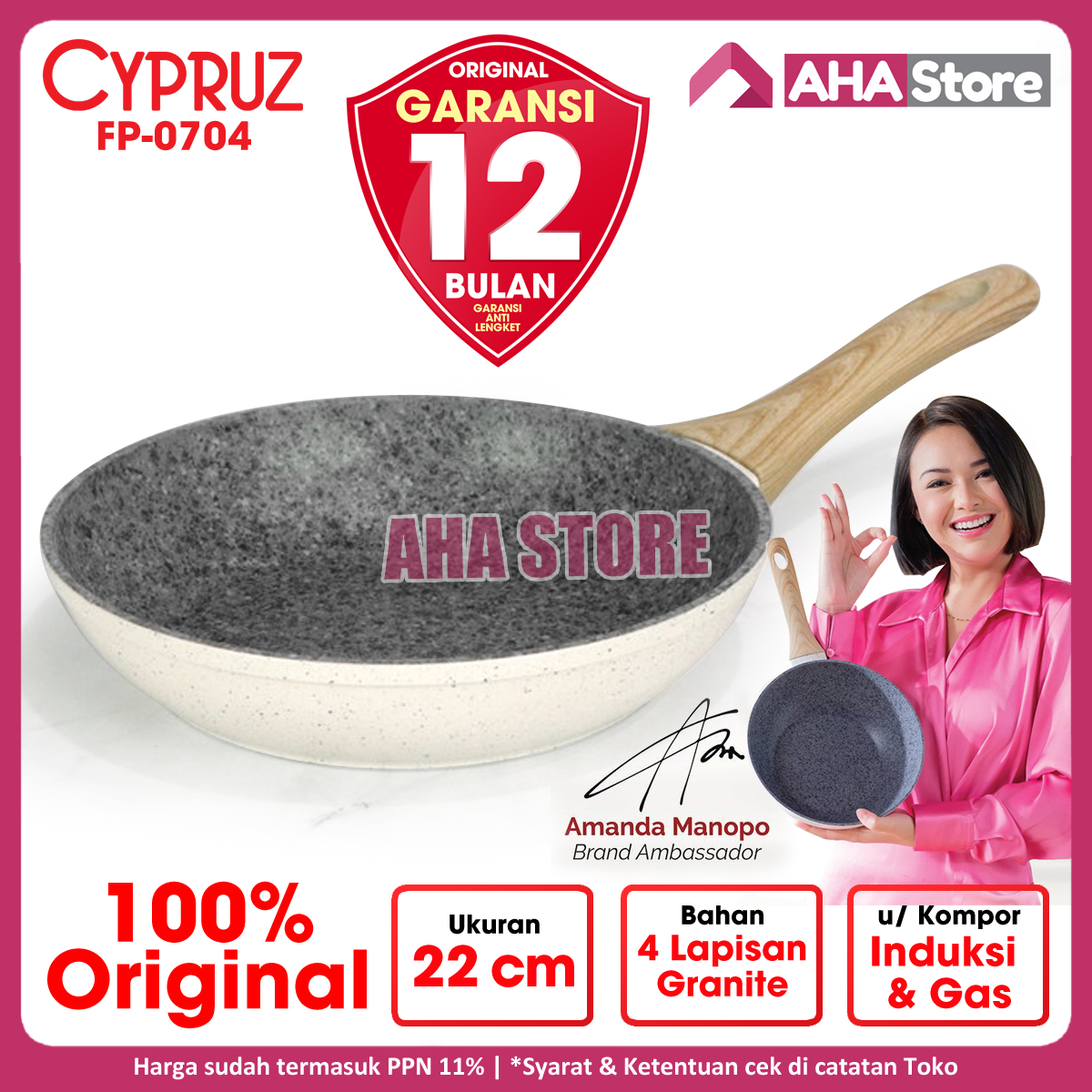Cypruz Fry Pan Wajan Penggorengan White Granite 22 cm FP0704 FP-0704