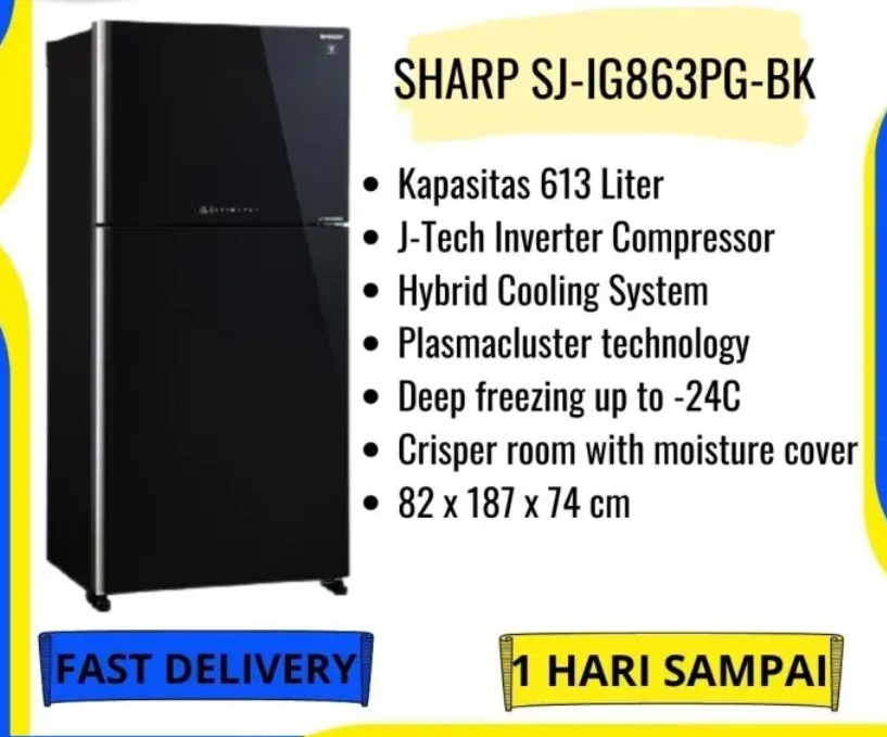 SHARP SJ-IG863PG-BK KULKAS 2 PINTU J-TECH INVERTER 613 L SJIG863PGBK